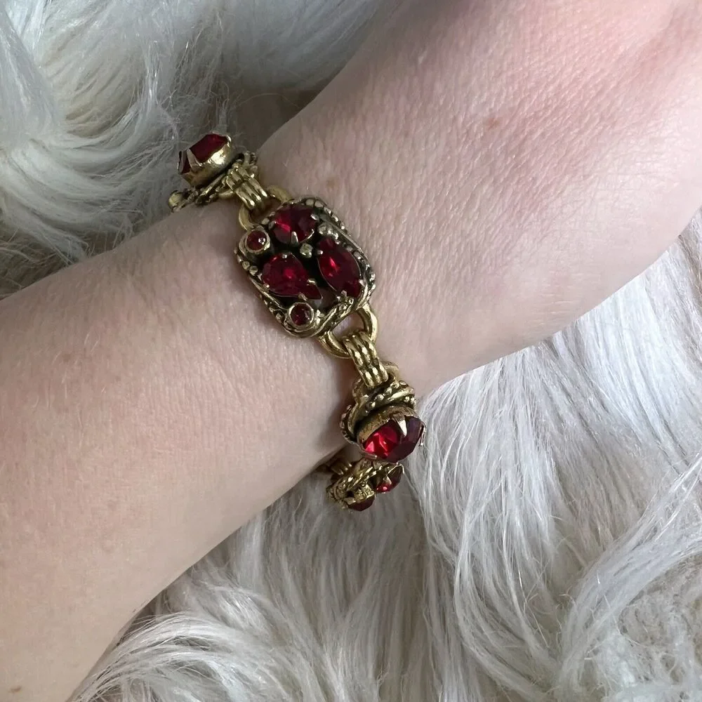 Vintage Kramer Signed Bracelet 7.5 Gold Plated Red Crystal Stones Love Valentine